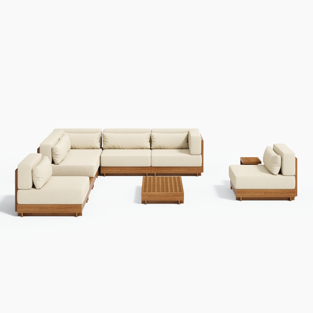 Grida 9-Piece Outdoor Teak Modular Sectional Sofa Set with Coffee Table in Ivory window image