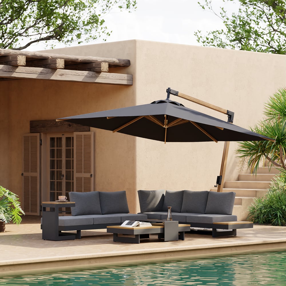 Tevara 4-piece Modular Teak and Aluminium Garden Furniture Set with Coffee Table in Grey, for 6 People window image