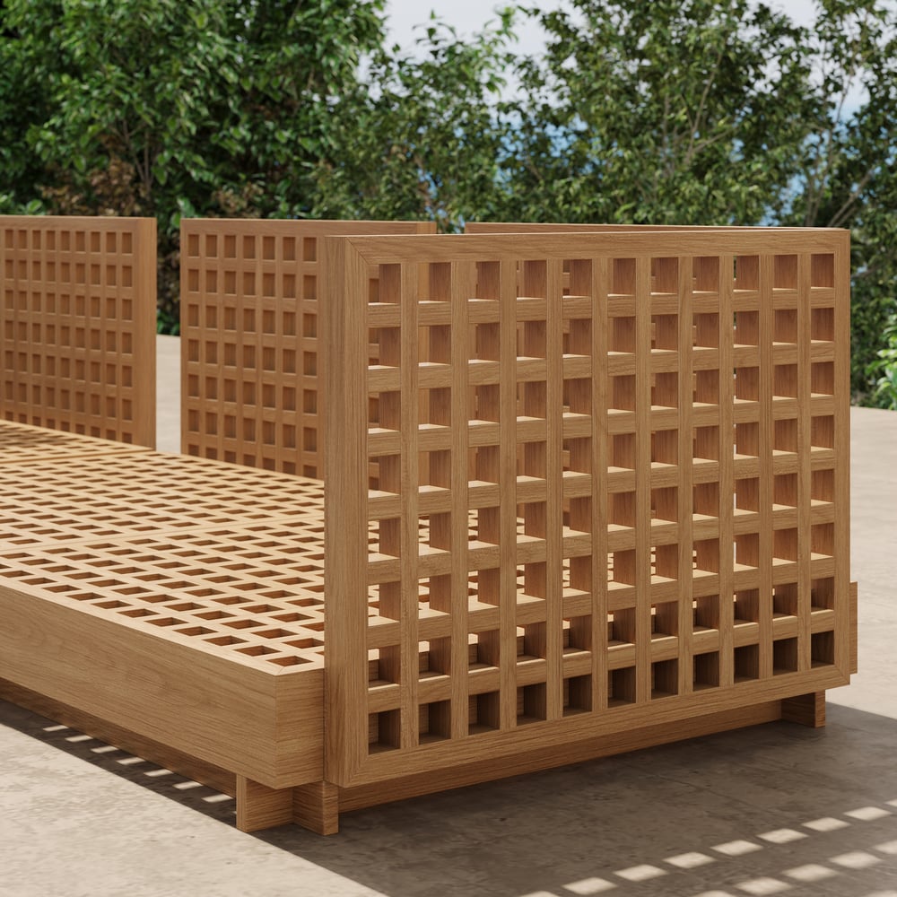 Grida 9-Piece Outdoor Teak Modular Sectional Sofa Set with Coffee Table in Ivory window image