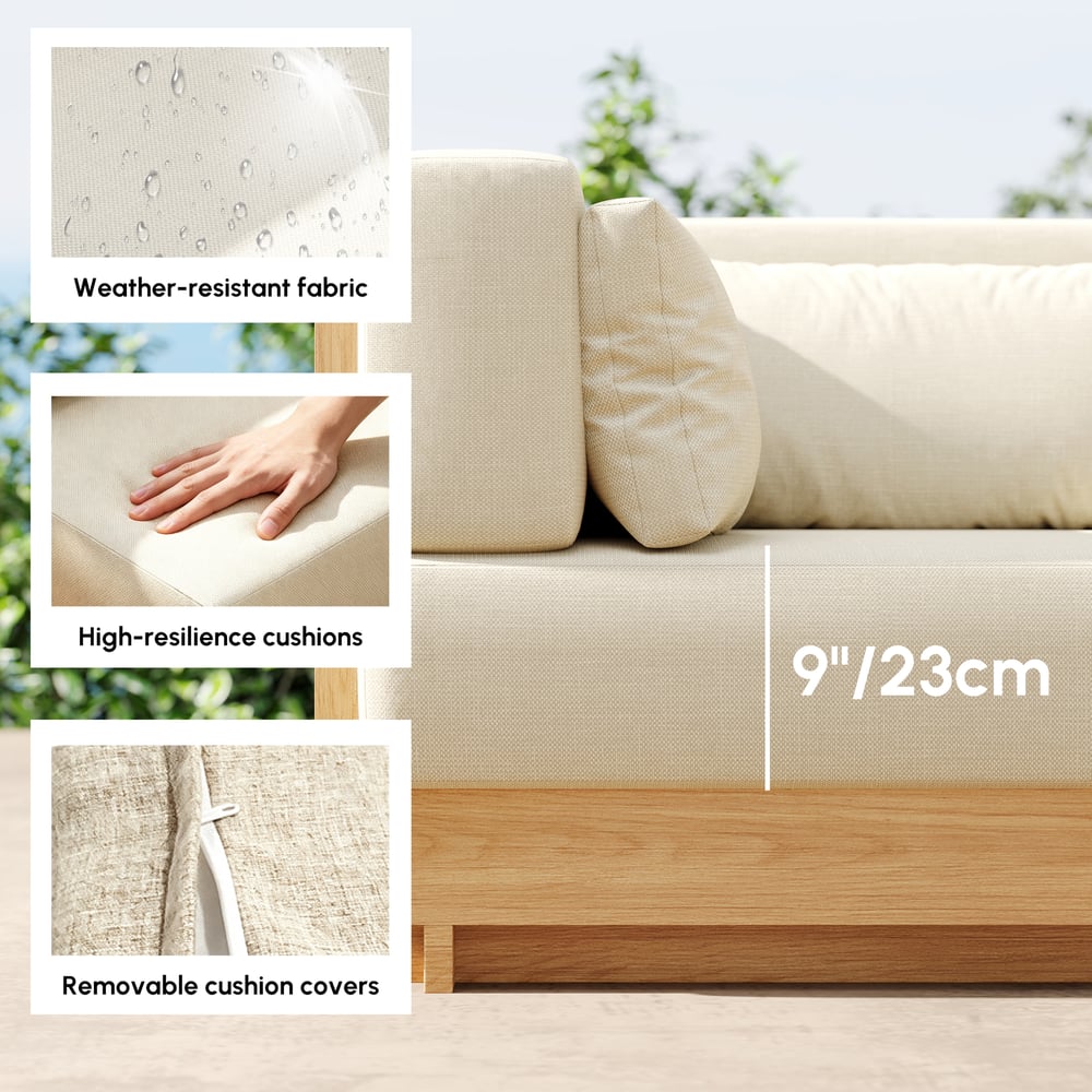 Grida 9-Piece Outdoor Natural Teak Modular Sectional Sofa Set with Coffee Table in Ivory window image