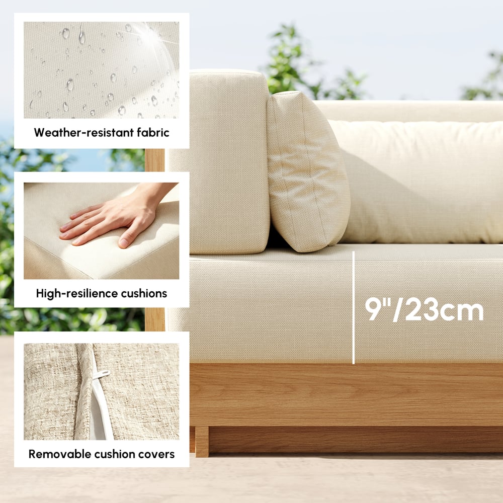 Grida 9-Piece Outdoor Teak Modular Sectional Sofa Set with Coffee Table in Ivory window image