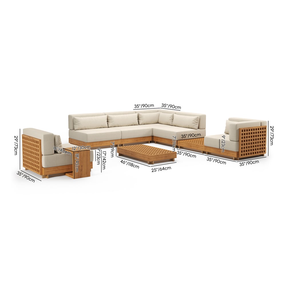 Grida 9-Piece Outdoor Teak Modular Sectional Sofa Set with Coffee Table in Ivory weights dimensions image