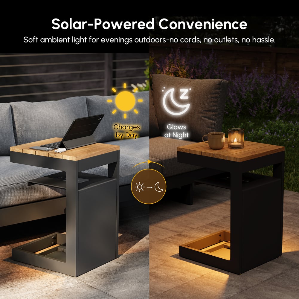Tevara Outdoor Teak Aluminum Dark Gray Side Table with Solar Light (17") window image