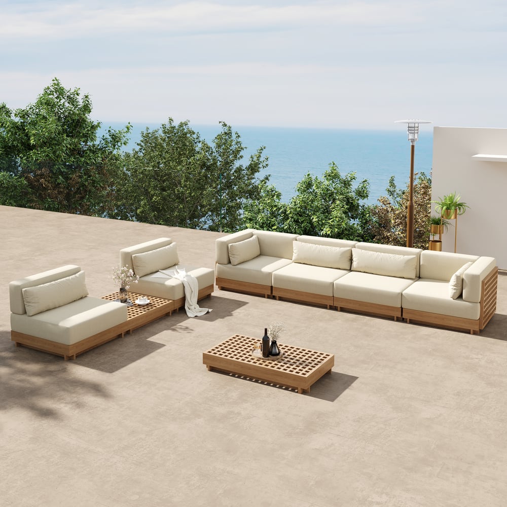 Grida 9-Piece Outdoor Teak Modular Sectional Sofa Set with Coffee Table in Ivory window image