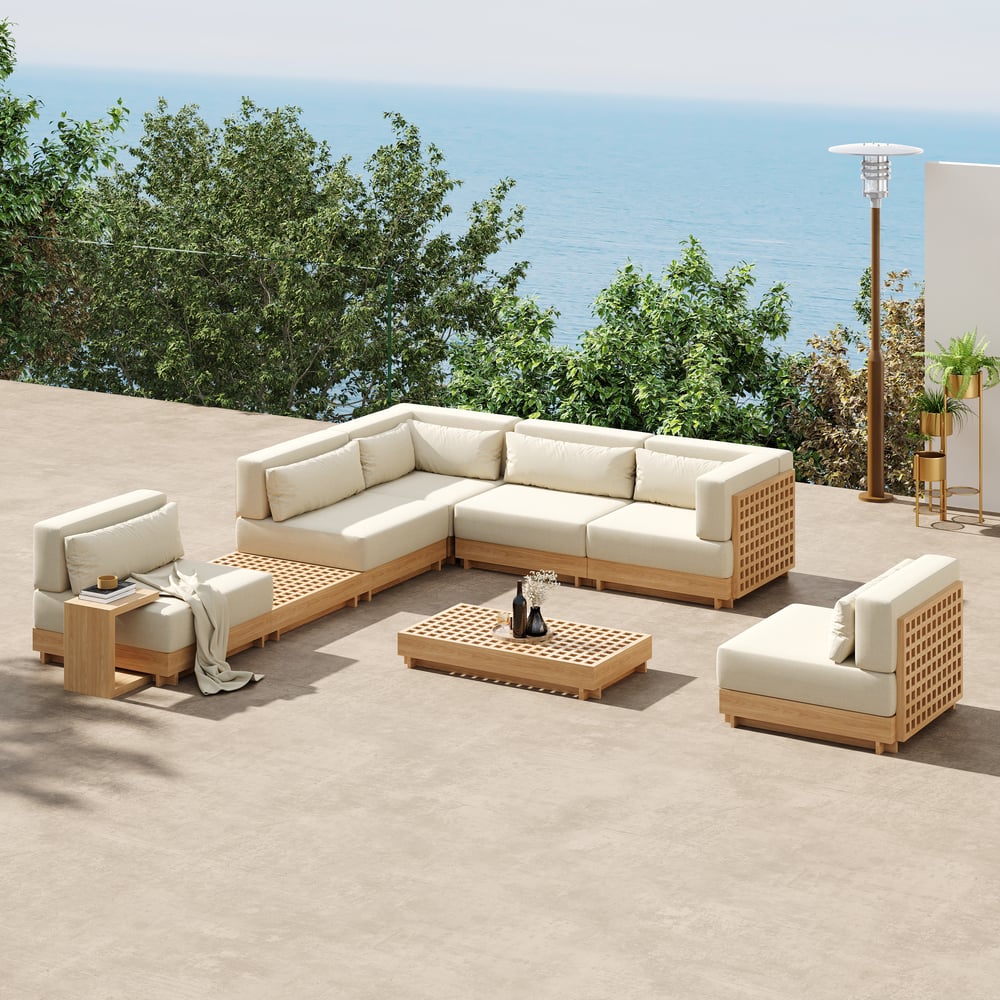 Grida 9-Piece Outdoor Natural Teak Modular Sectional Sofa Set with Coffee Table in Ivory window image