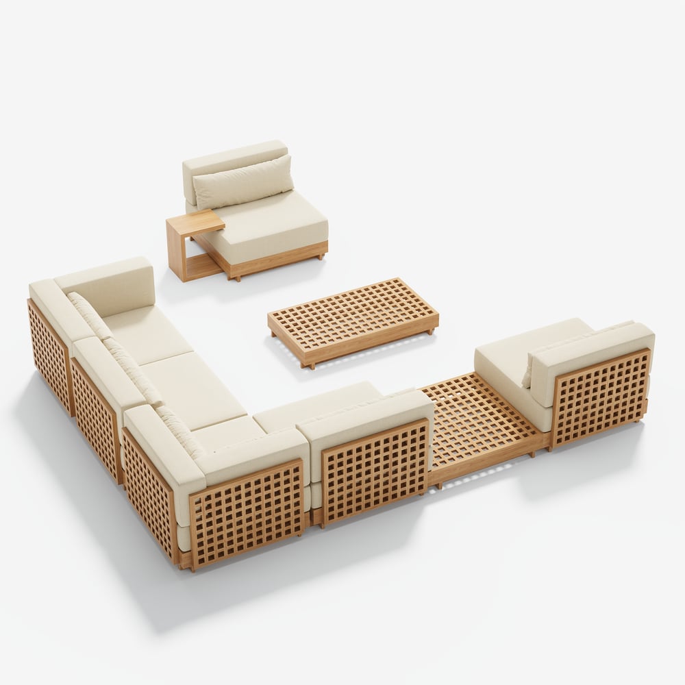 Grida 9-Piece Outdoor Natural Teak Modular Sectional Sofa Set with Coffee Table in Ivory window image