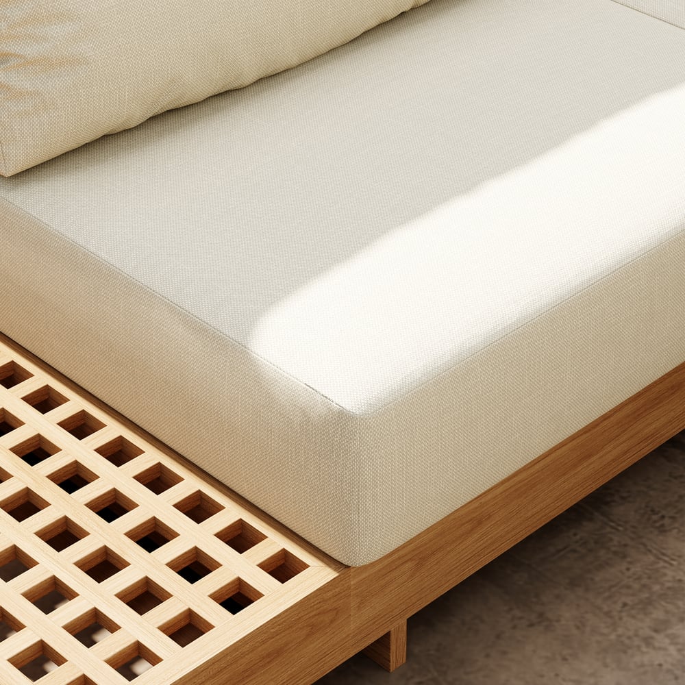 Grida 9-Piece Outdoor Teak Modular Sectional Sofa Set with Coffee Table in Ivory window image