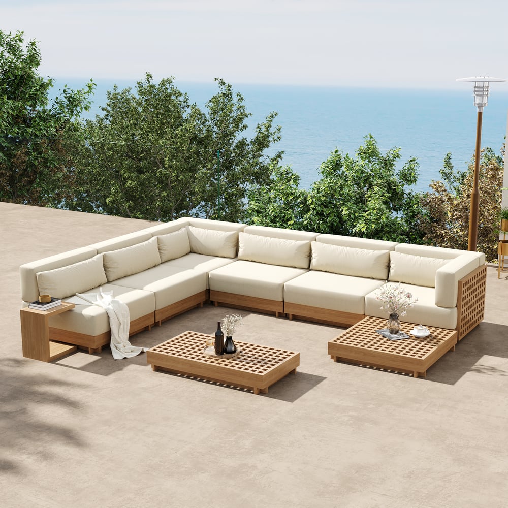 Avis Clients sur Ensemble de mobilier de jardin modulaire Grida 9 pièces en teck et ivoire avec table basse