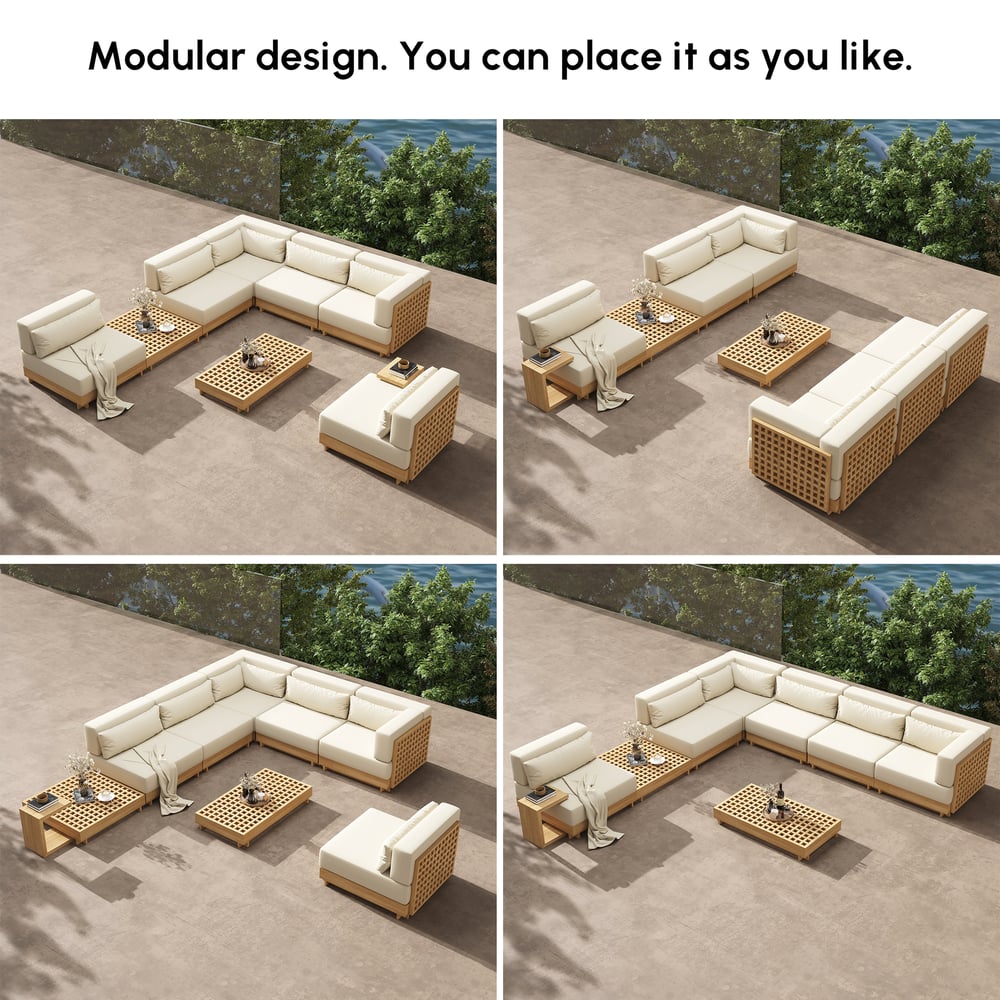 Grida 9-Piece Outdoor Natural Teak Modular Sectional Sofa Set with Coffee Table in Ivory window image