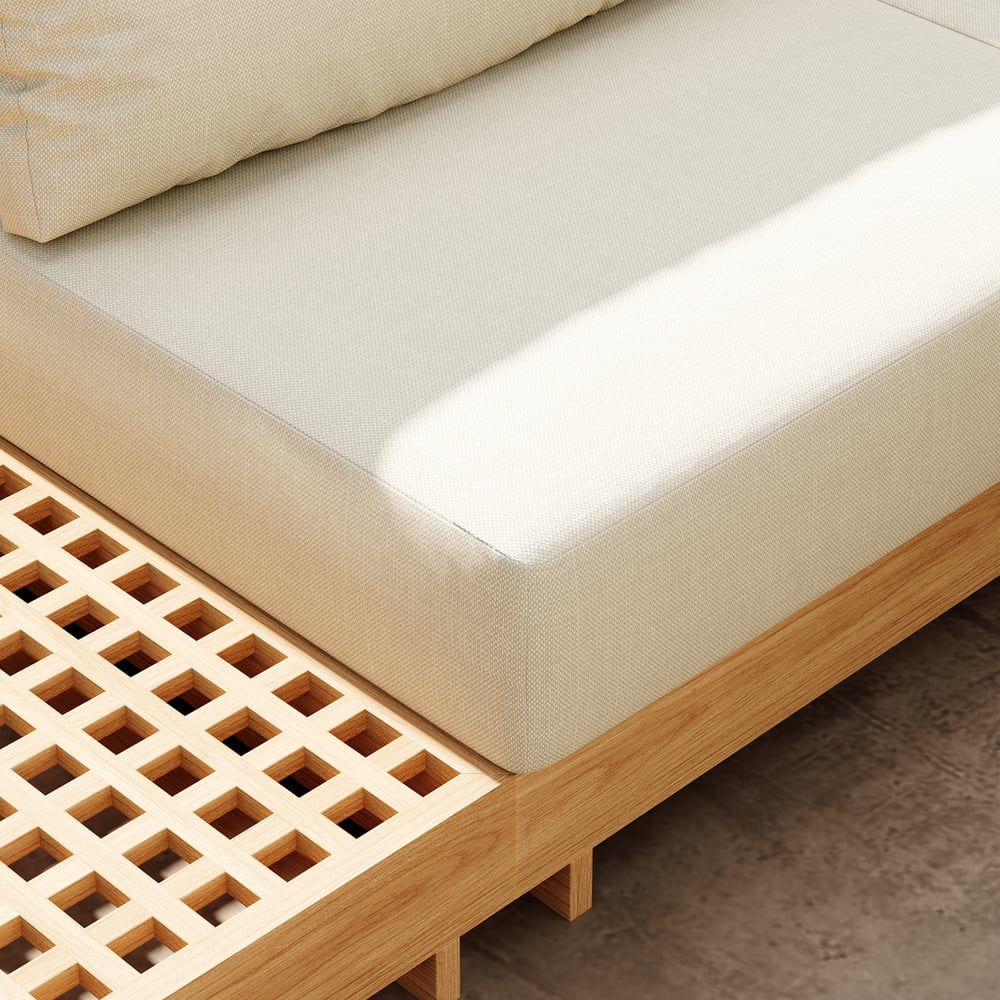 Grida 9-Piece Outdoor Natural Teak Modular Sectional Sofa Set with Coffee Table in Ivory window image