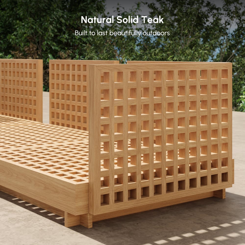 Grida 9-Piece Outdoor Natural Teak Modular Sectional Sofa Set with Coffee Table in Ivory window image