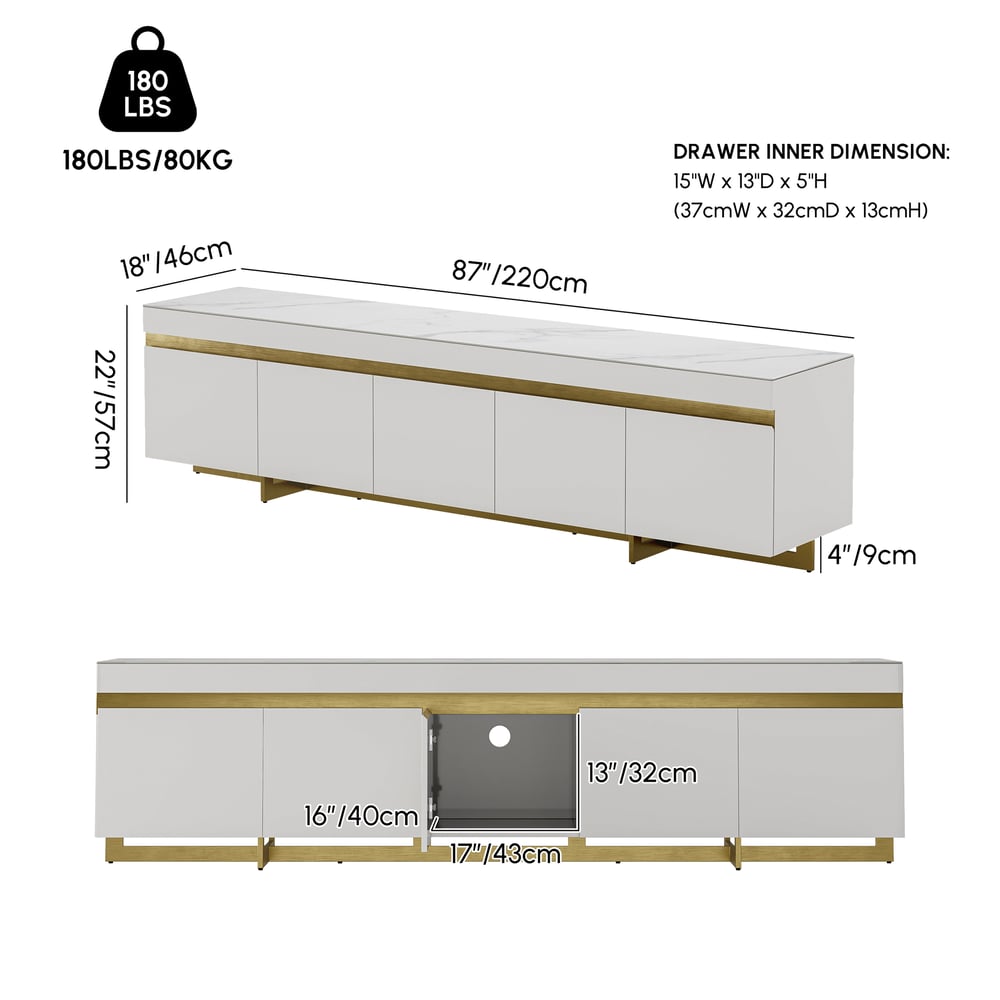 86" White Sintered Stone Top TV Stand with 4 Drawers weights dimensions image