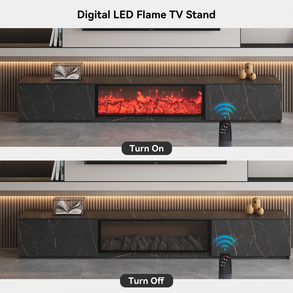 180 cm Marble Veneer LED Flame TV Stand with 2 Drawers window image
