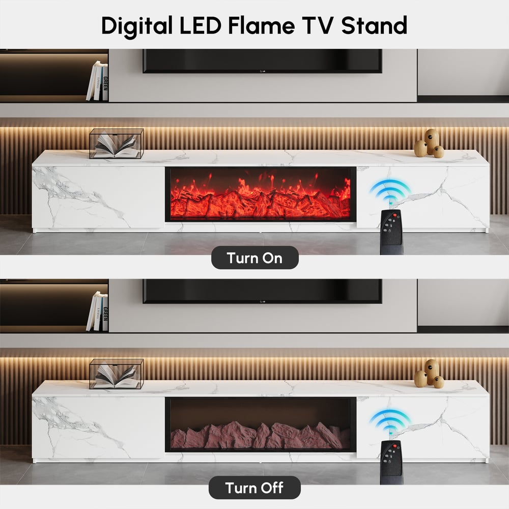 180 cm Marble Veneer LED Flame TV Stand with 2 Drawers window image