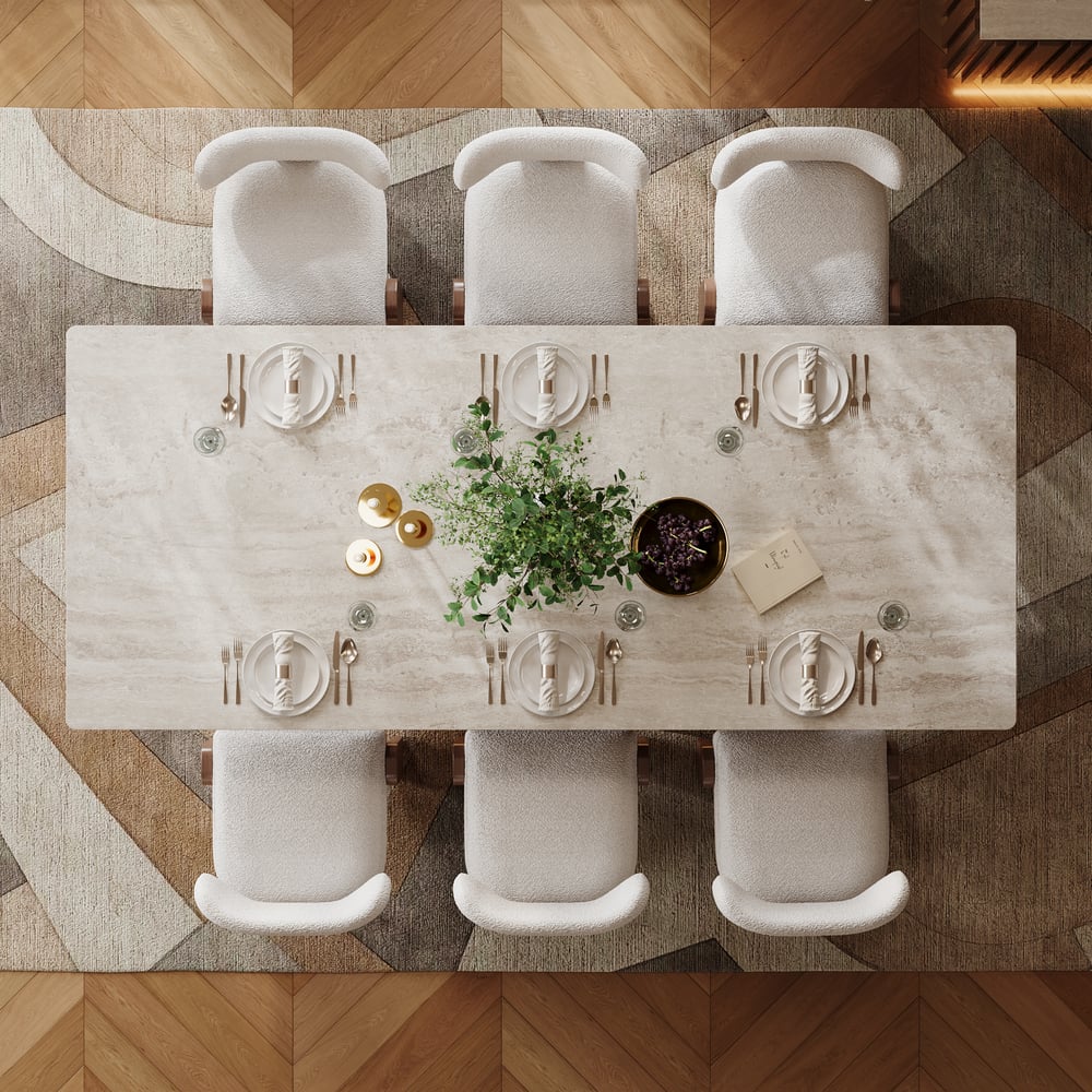 Dining Set 84" Rectangular Faux Travertine Sintered Stone Dining Table with 6 Chairs window image