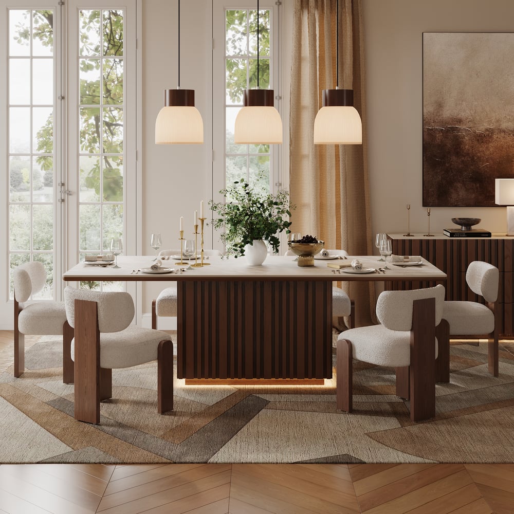 Dining Set 84" Rectangular Faux Travertine Sintered Stone Dining Table with 6 Chairs window image