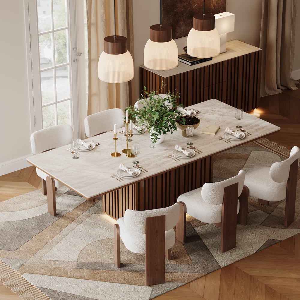 Dining Set 84" Rectangular Faux Travertine Sintered Stone Dining Table with 6 Chairs window image