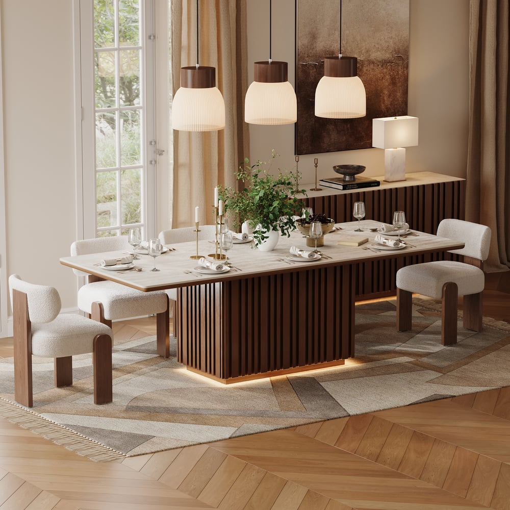 Aura 214 cm Rectangular Faux Travertine Sintered Stone Dining Table with LED Lighting，Fluted Base, Seats 8 window image