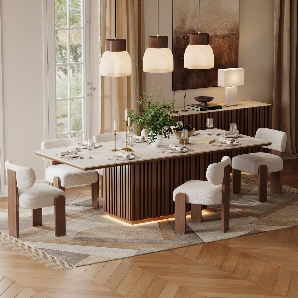 Dining Set 84" Rectangular Faux Travertine Sintered Stone Dining Table with 6 Chairs window image