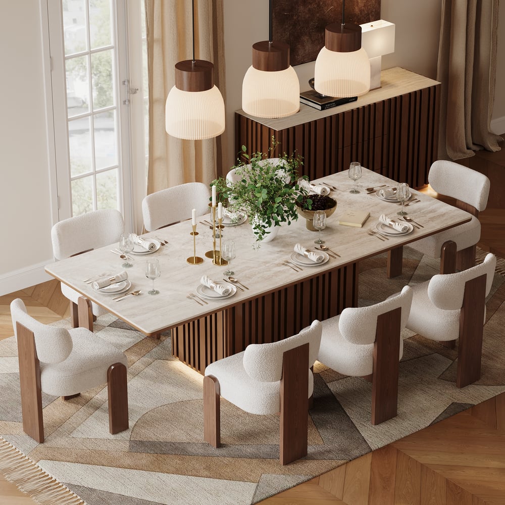 Aura 214 cm Rectangular Faux Travertine Sintered Stone Dining Table with LED Lighting，Fluted Base, Seats 8 window image
