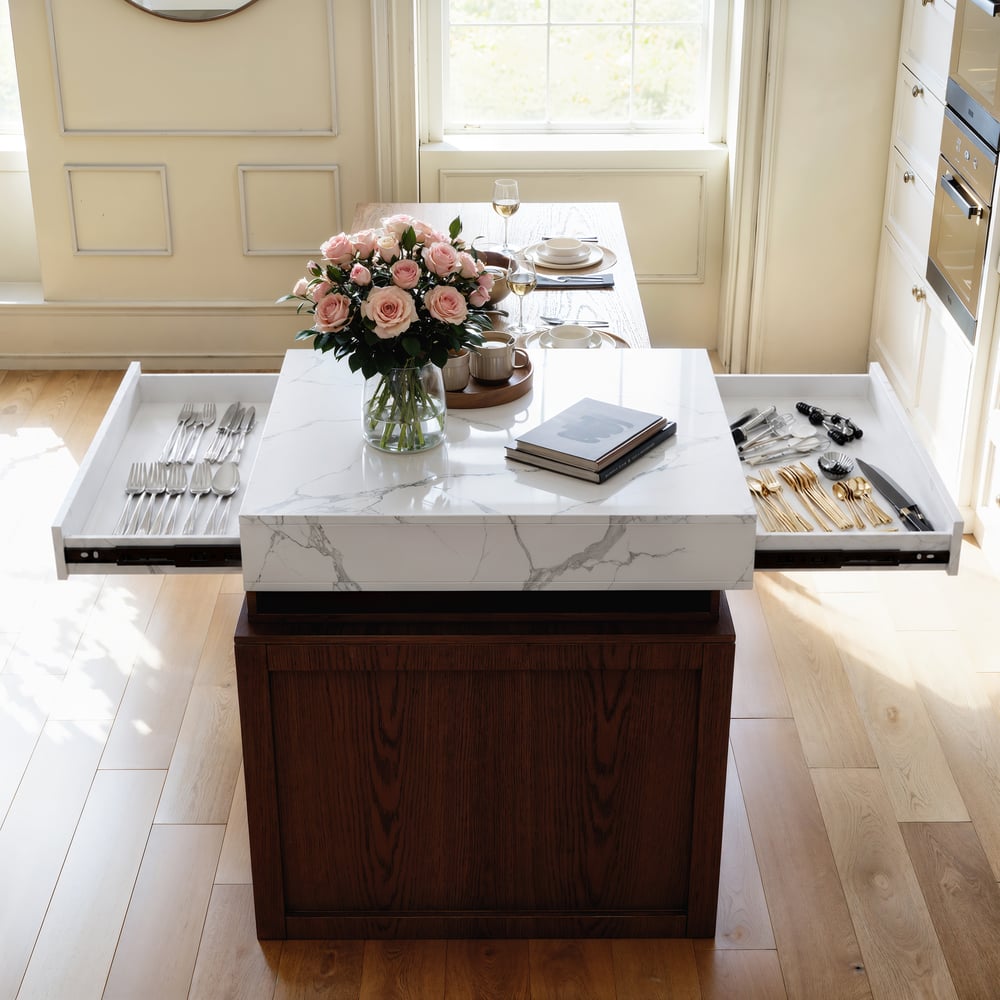 1850mm-2350mm Extendable White&Walnut Kitchen Island with Storage Kitchen Cabinet window image