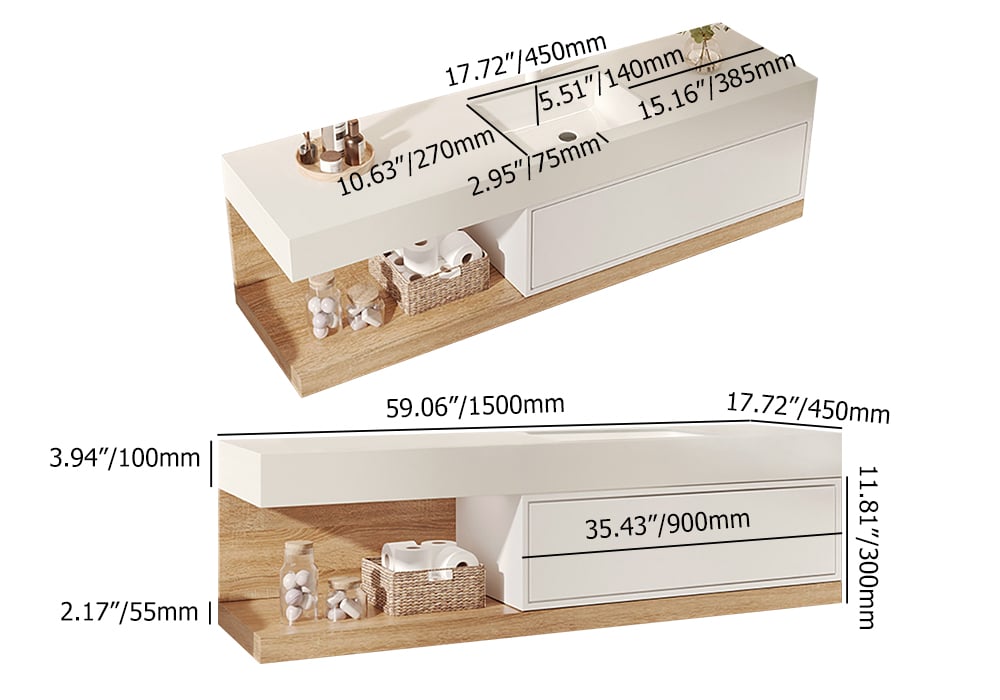 150cm Floating Bathroom Vanity & LED Medicine Cabinet Set weights dimensions image