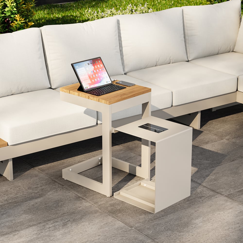 Tevara Outdoor Teak Aluminium C-Shaped Sand Side Table with Solar Light window image