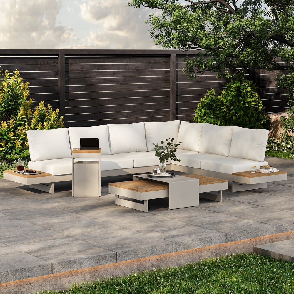 Tevara Outdoor Teak Aluminium C-Shaped Sand Side Table with Solar Light window image