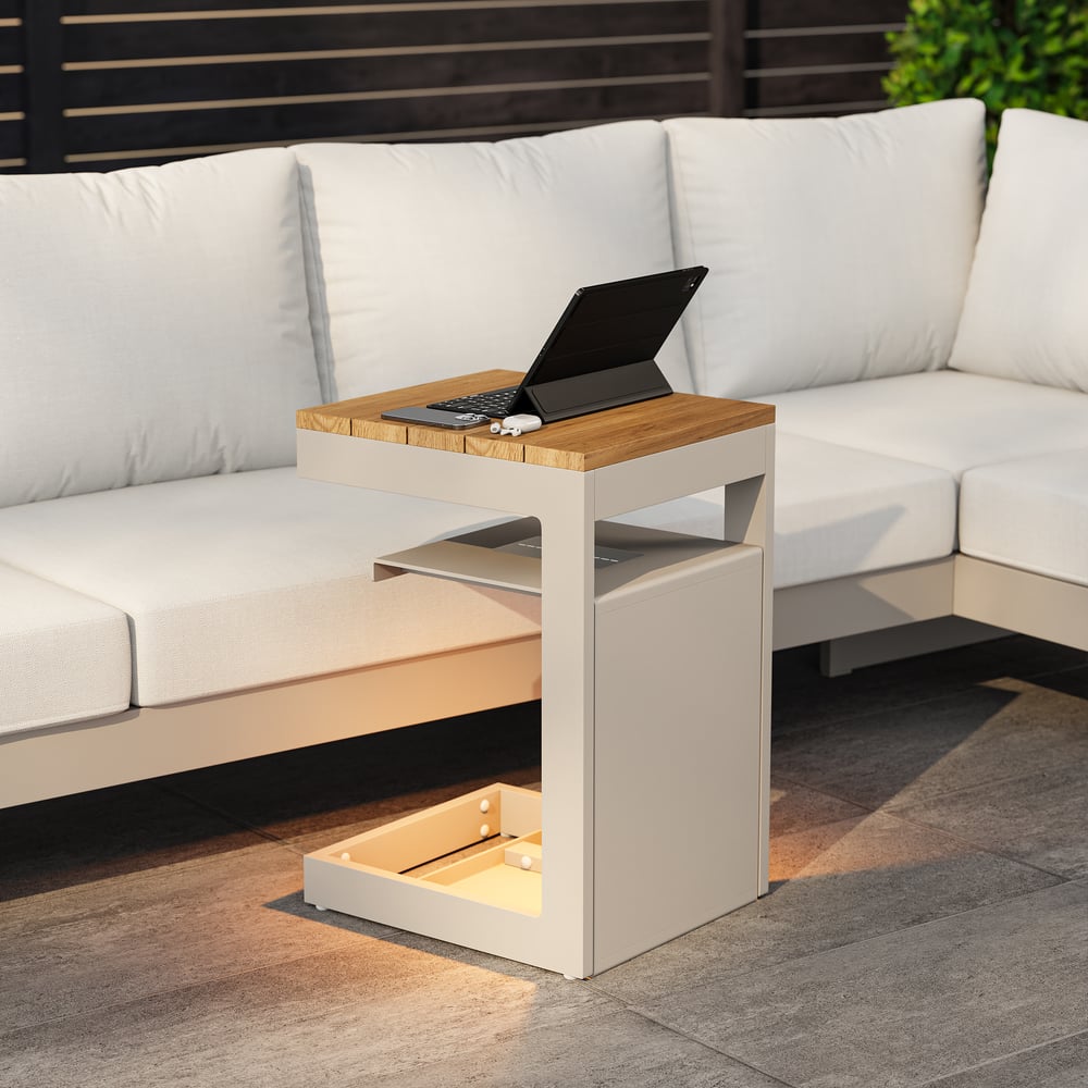 Tevara Outdoor Teak Aluminium C-Shaped Sand Side Table with Solar Light window image