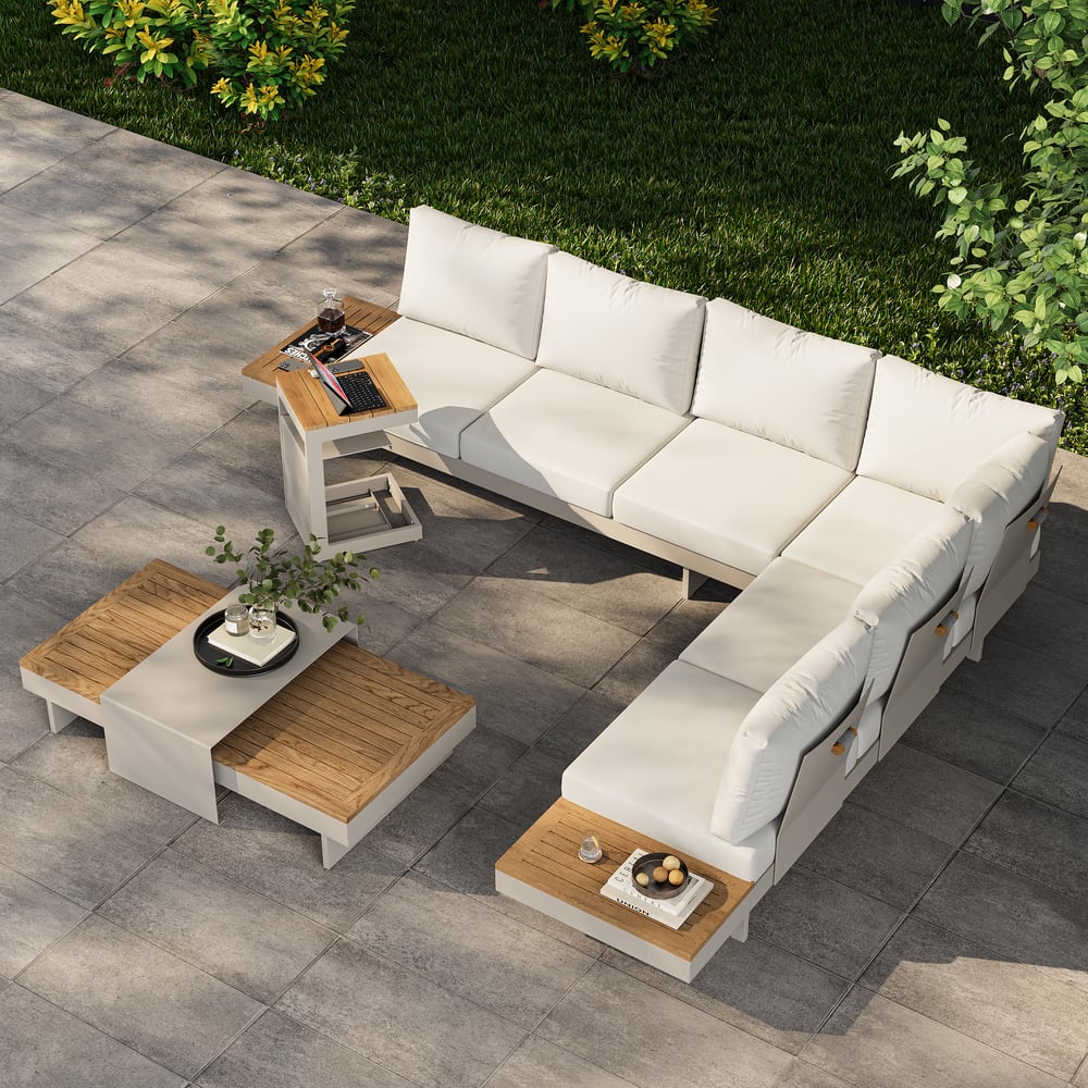 Tevara Outdoor Teak Aluminium C-Shaped Sand Side Table with Solar Light window image