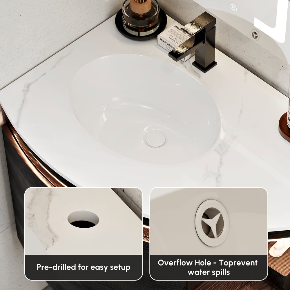 Meuble-lavabo d'angle mural simple de 91 cm moderne avec lavabo, lumière LED, rangement image de fenêtre