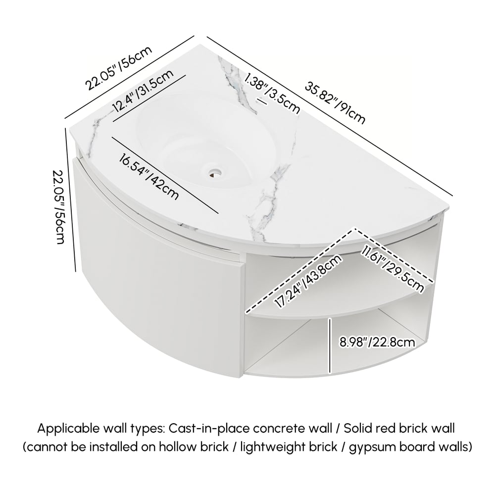 Modern 91 cm Corner Floating Single Bathroom Vanity with Sink, LED Light, Storage weights dimensions image
