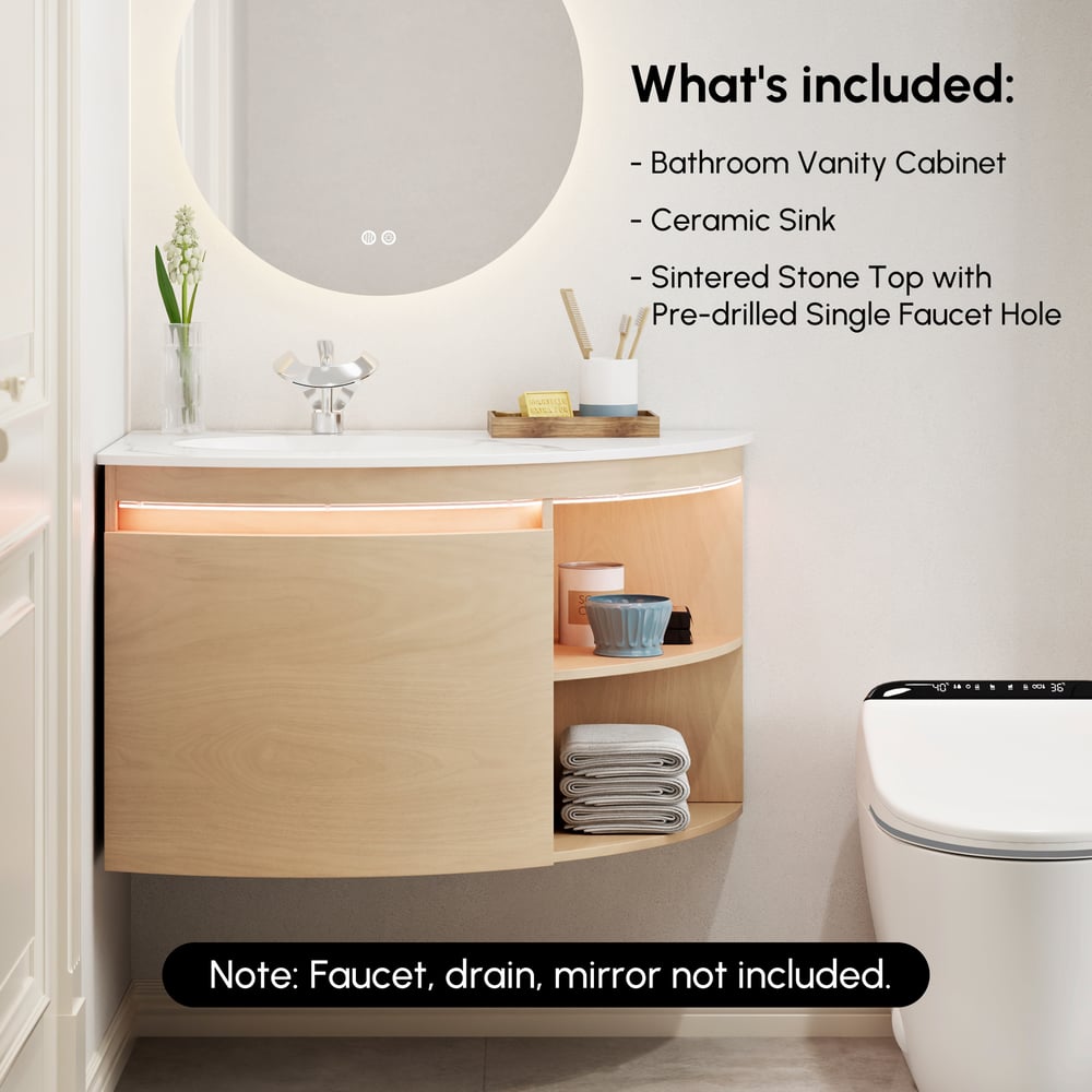 Moderno 91 cm Espejo de baño con lavabo, luz LED, almacenamiento Imagen de ventana