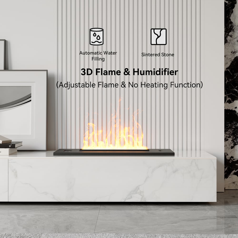 Modern TV stand, 220 cm, sintered stone with LED flame, humidifier, and 2 drawers, white window image