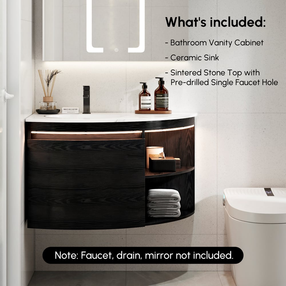 Meuble-lavabo d'angle mural simple de 91 cm moderne avec lavabo, lumière LED, rangement image de fenêtre