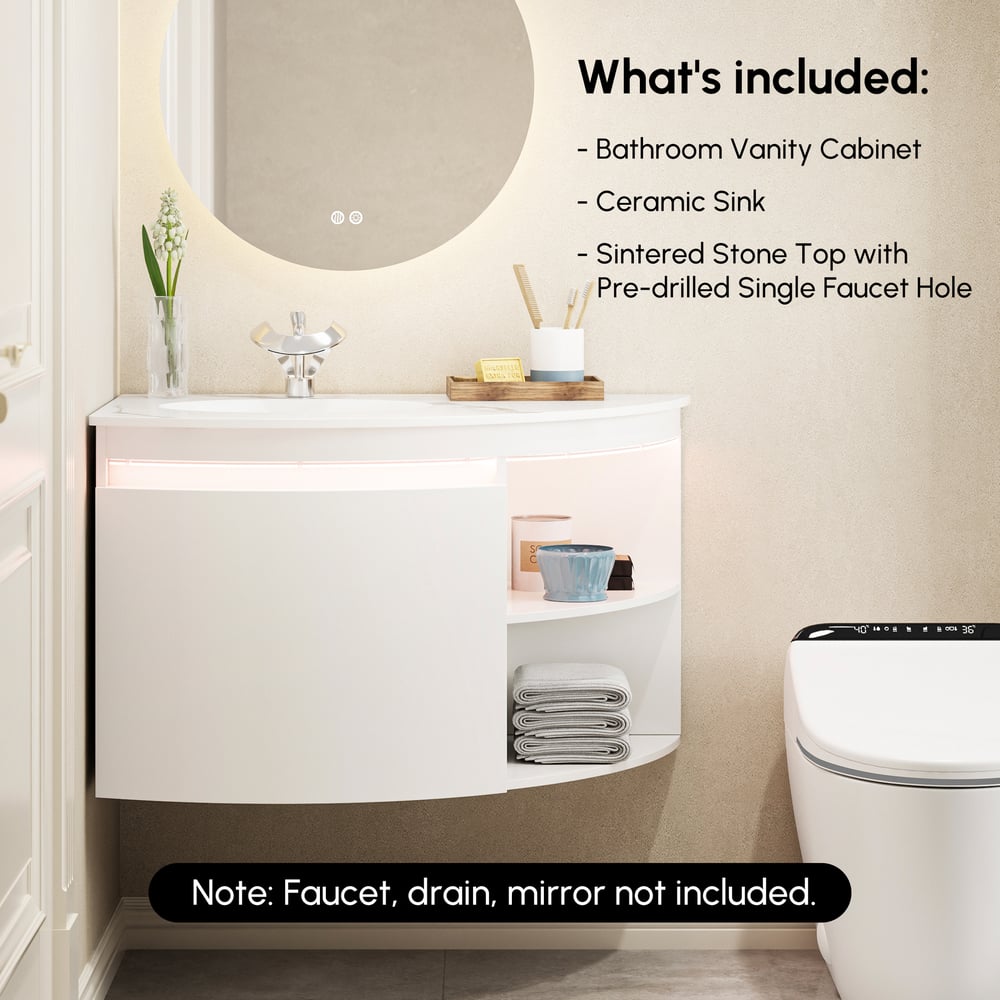 Modern 91 cm Corner Floating Single Bathroom Vanity with Sink, LED Light, Storage window image