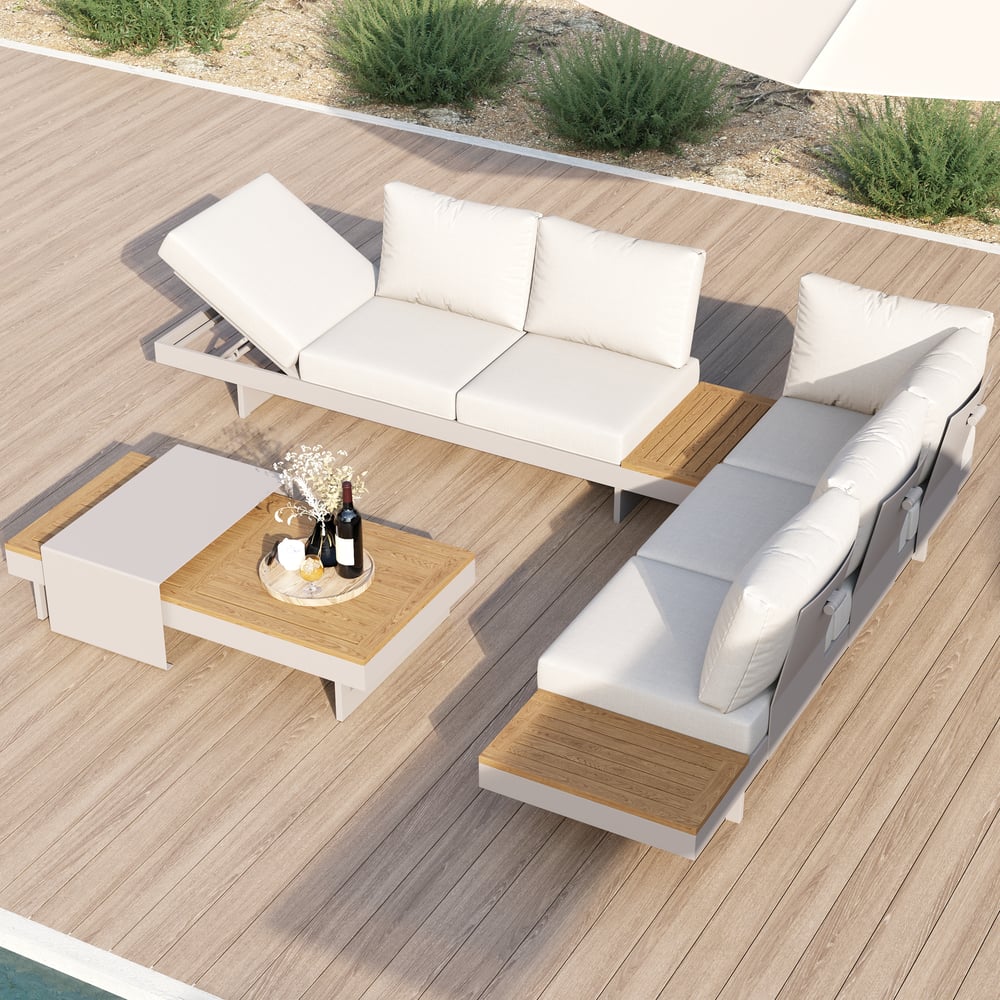 Axis Set divano modulare da esterno 4 pezzi in teak e alluminio per 6 persone, Bianco con copertura nera Immagine della finestra