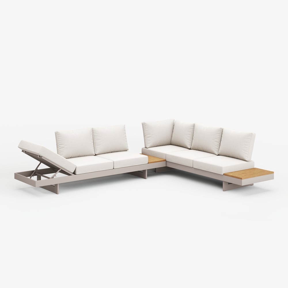 Axis Set divano modulare da esterno 4 pezzi in teak e alluminio per 6 persone, Bianco con copertura nera Immagine della finestra