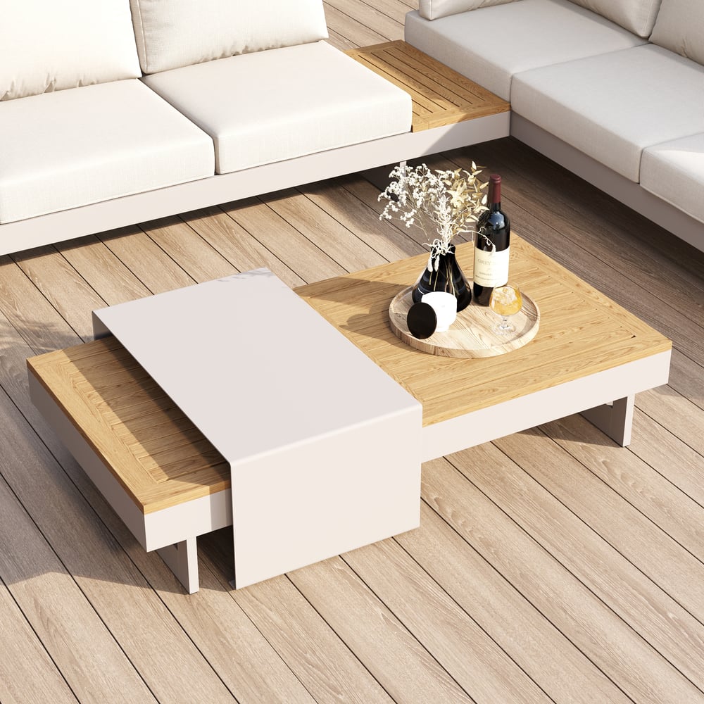 Axis Set divano modulare da esterno 4 pezzi in teak e alluminio per 6 persone, Bianco con copertura nera Immagine della finestra