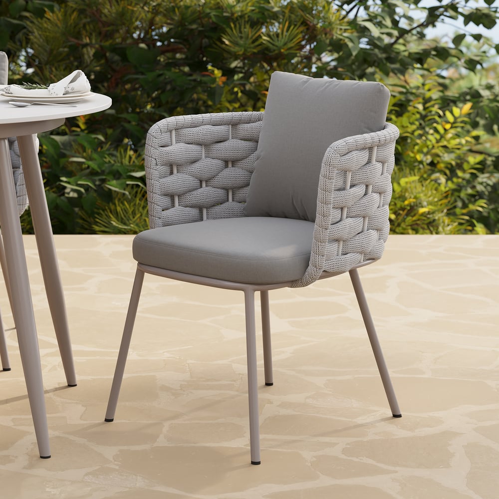 7 Pieces Outdoor Dining Set with Oval Propane Fire Pit Table & Rope Woven Armchair window image