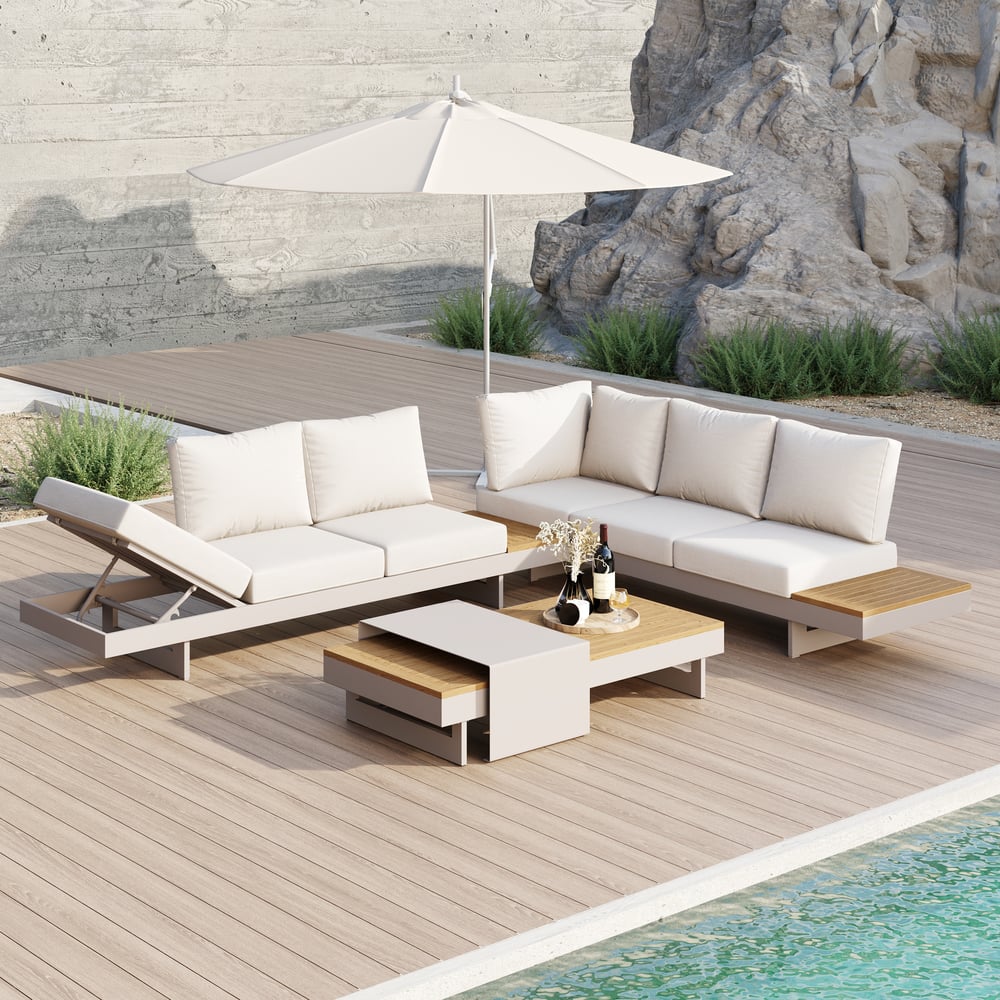 Axis Set divano modulare da esterno 4 pezzi in teak e alluminio per 6 persone, Bianco con copertura nera Immagine della finestra
