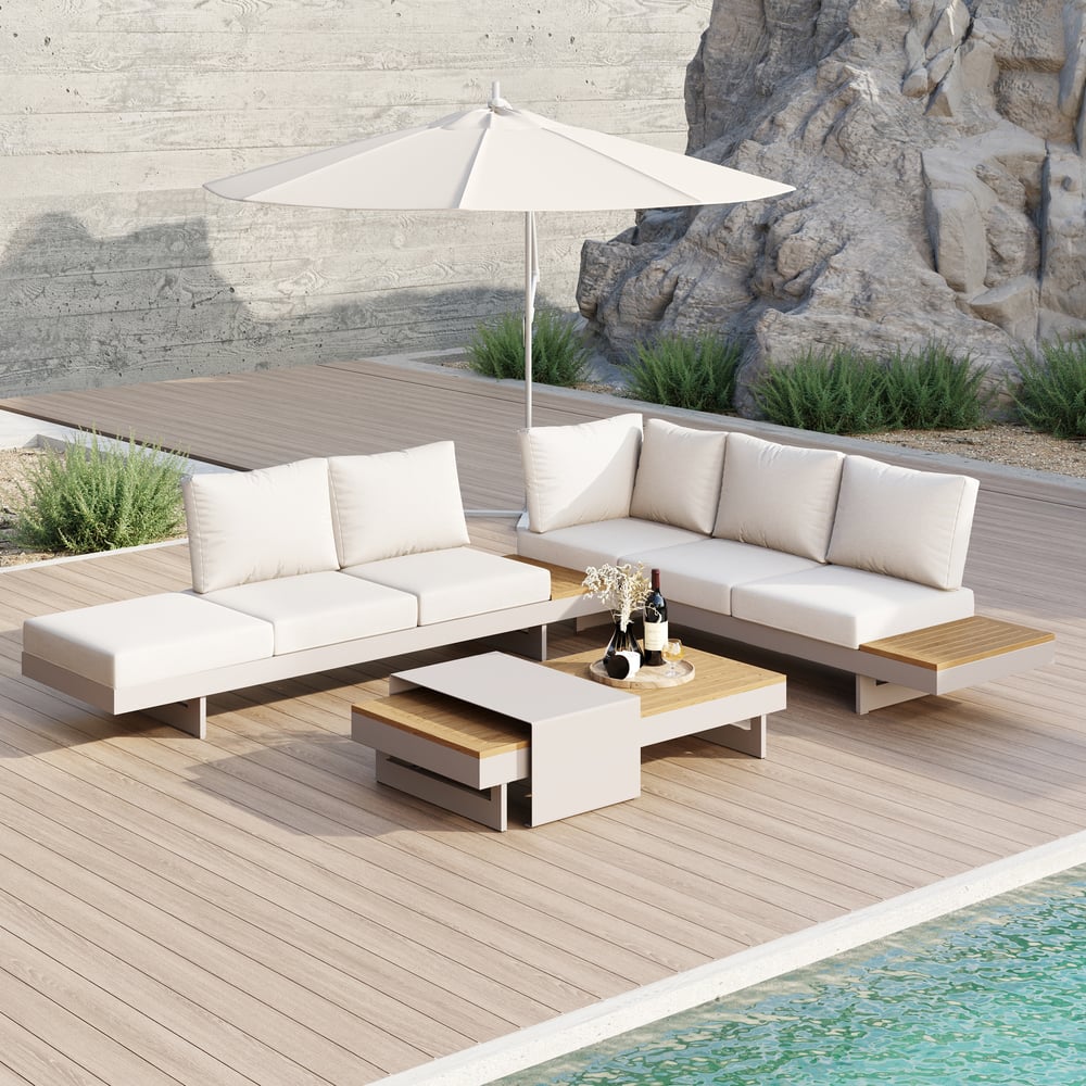 Axis Set divano modulare da esterno 4 pezzi in teak e alluminio per 6 persone, Bianco con copertura nera Immagine della finestra