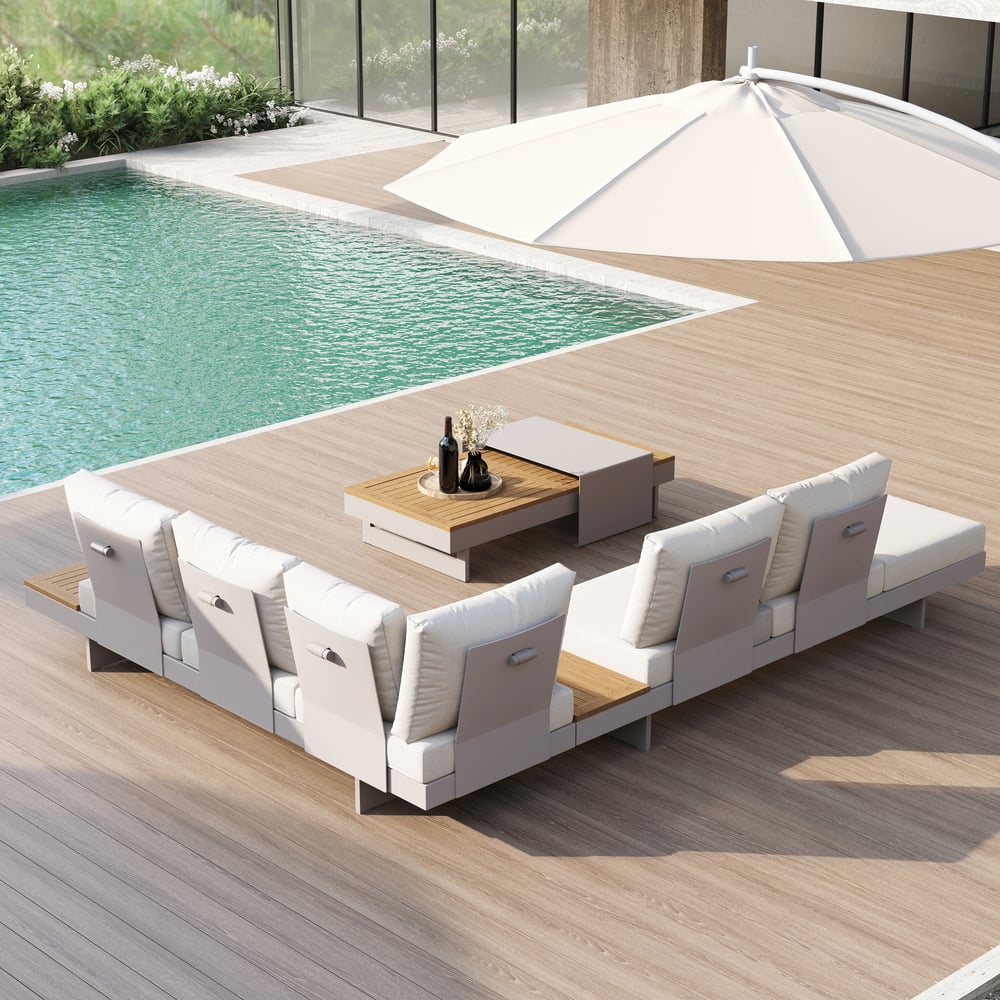 Axis Set divano modulare da esterno 4 pezzi in teak e alluminio per 6 persone, Bianco con copertura nera Immagine della finestra