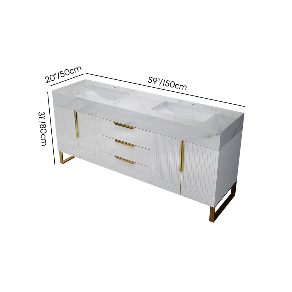 Meuble double vasque Aro sur pied 150 cm blanc brillant avec plan en pierre frittée, poignées dorées Poids, dimensions, image