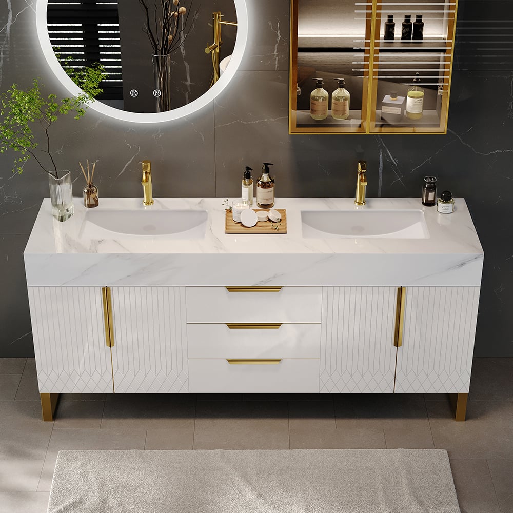 Meuble double vasque Aro sur pied 150 cm blanc brillant avec plan en pierre frittée, poignées dorées image de fenêtre