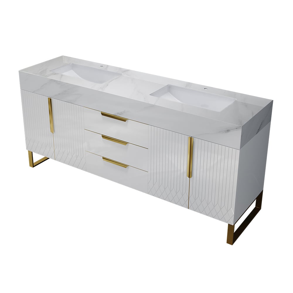 Meuble double vasque Aro sur pied 150 cm blanc brillant avec plan en pierre frittée, poignées dorées image de fenêtre