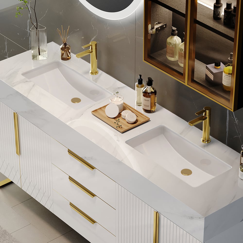 Meuble double vasque Aro sur pied 150 cm blanc brillant avec plan en pierre frittée, poignées dorées image de fenêtre