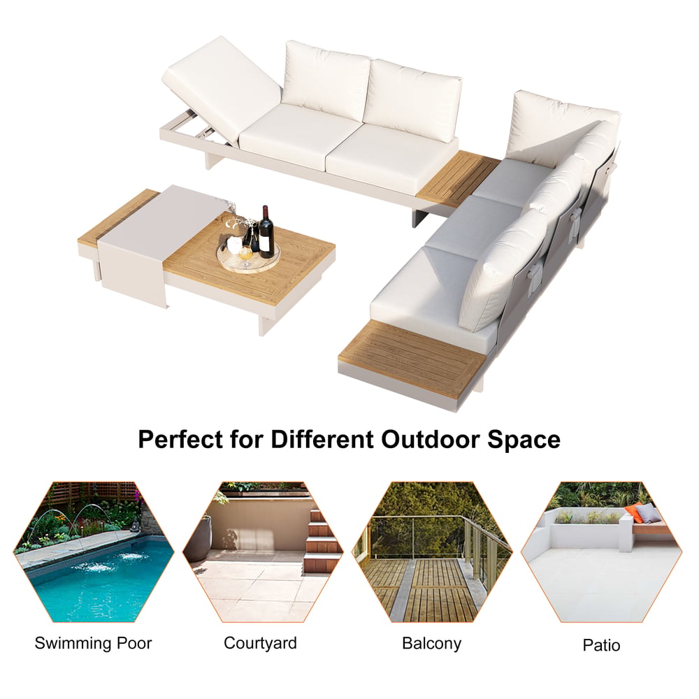 Axis Set divano modulare da esterno 4 pezzi in teak e alluminio per 6 persone, Bianco con copertura nera Immagine della finestra