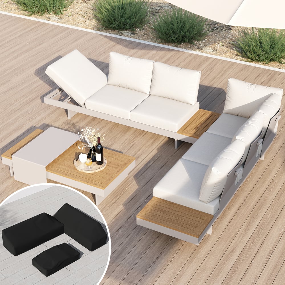 Axis Set divano modulare da esterno 4 pezzi in teak e alluminio per 6 persone, Bianco con copertura nera Immagine della finestra