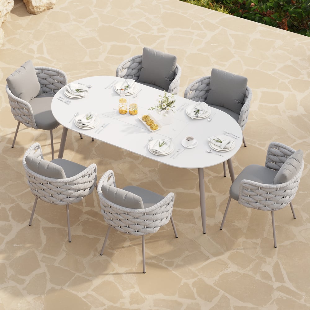 Customer Reviews for 7 Pieces Outdoor Dining Set with Oval Propane Fire Pit Table & Rope Woven Armchair